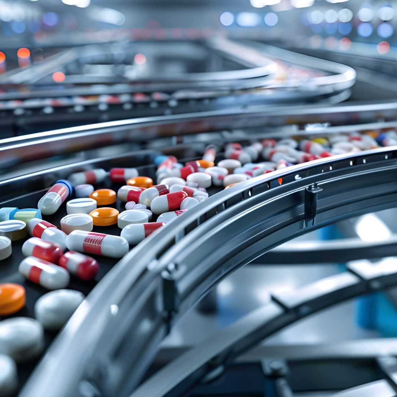 Automated Pharmaceutical Production: Medicines on Conveyor System, Pharmaceutical Manufacturing Scene: Medicines on Automated Conveyor, Pharmaceutical Manufacturing Background - Ai Generated